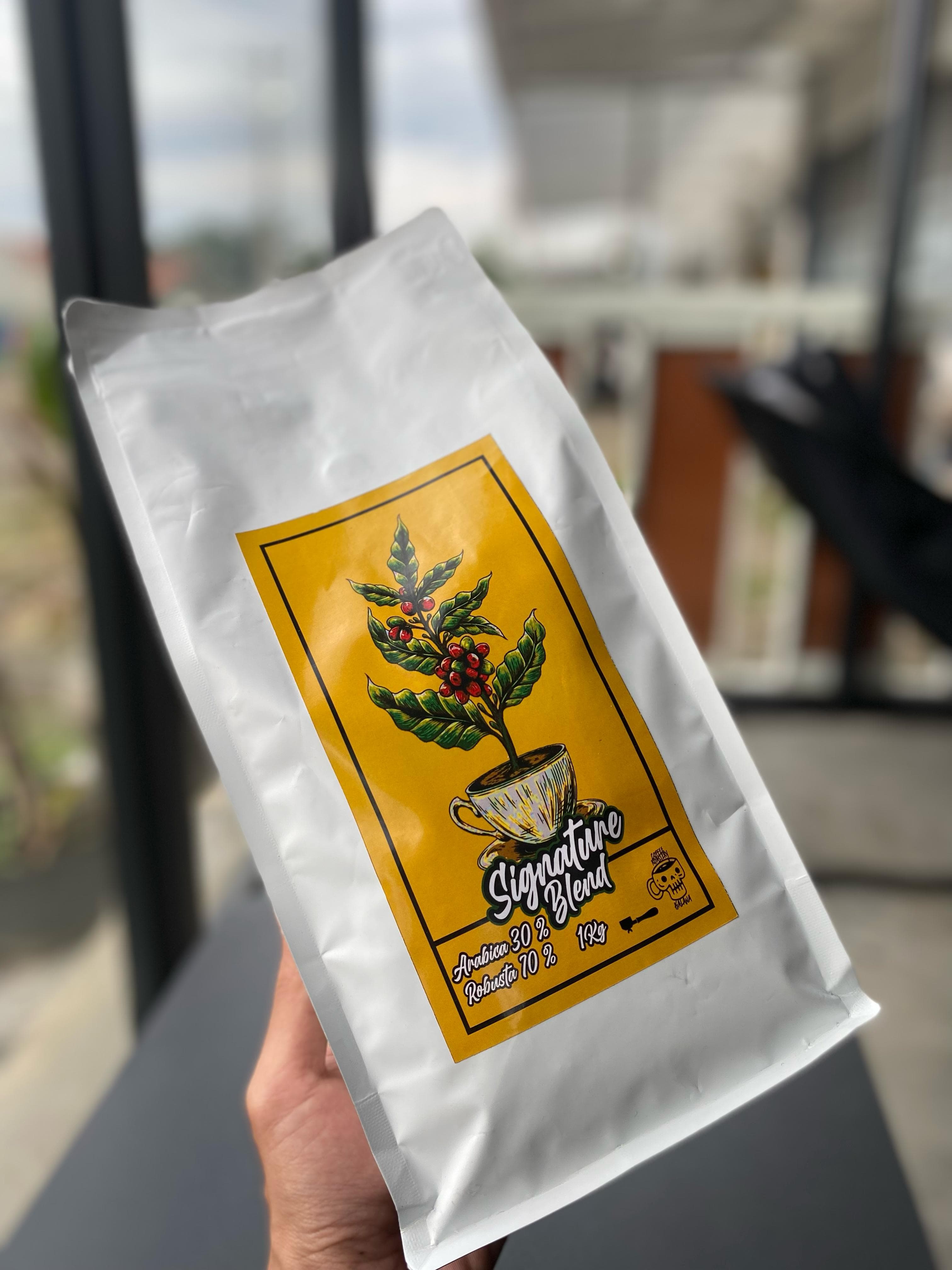 Bag of premium coffee beans on a wooden table